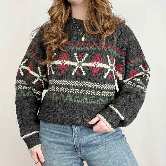 Vintage Fair Isle Cable Knit Oversized Sweater Christmas Cozy Wool Scandinavian - Picture 6 of 6